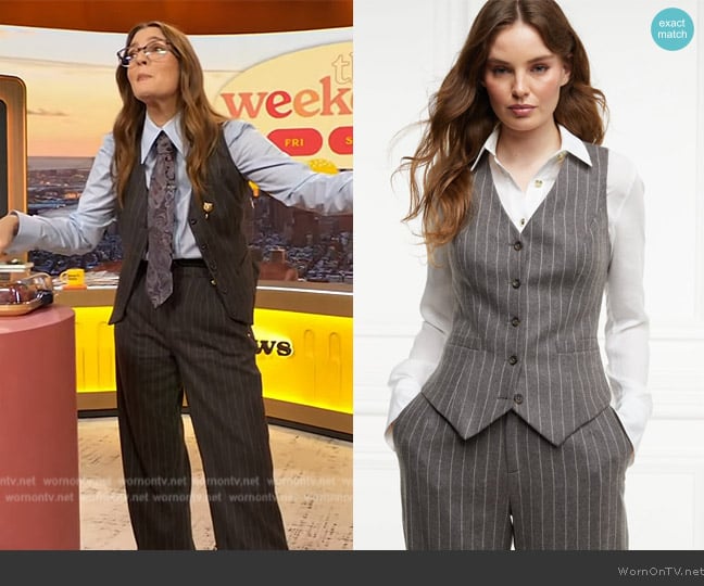 Holland Cooper Hampton Waistcoat in Soft Grey Pinstripe worn by Drew Barrymore on The Drew Barrymore Show