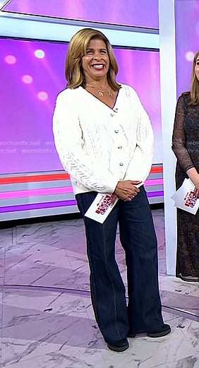 Hoda's white cable knit cardigan and frayed jeans on Today