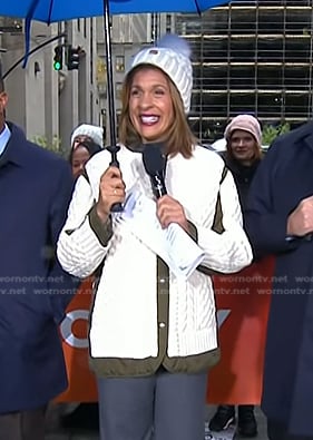 Hoda's contrast trim cable knit jacket on Today