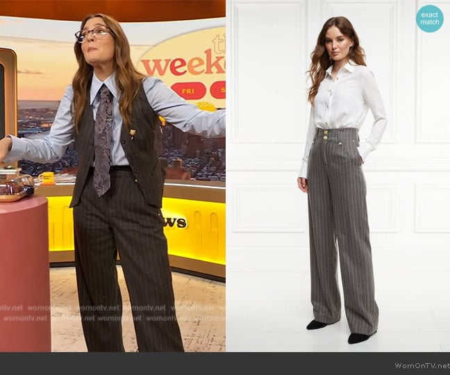 Holland Cooper High Waisted Straight Trouser in Soft Grey Pinstripe worn by Drew Barrymore on The Drew Barrymore Show