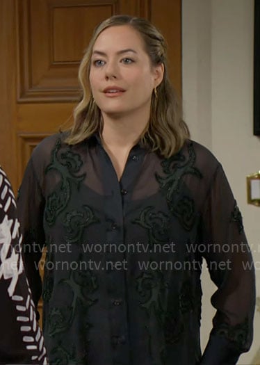 Hope’s dark green embroidered button down blouse on The Bold and the Beautiful