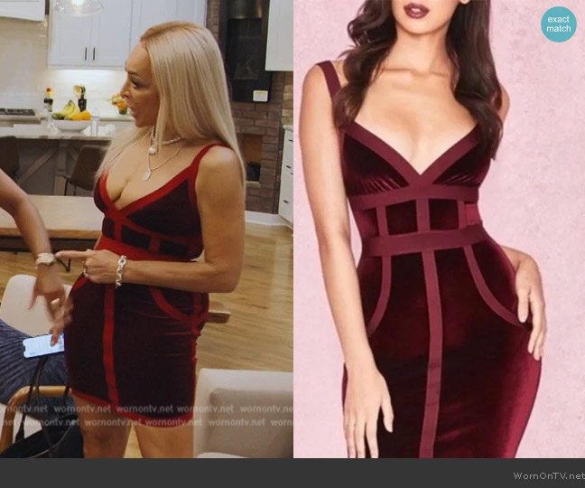 House of CB Velvet Bandage Dress worn by Karen Huger on The Real Housewives of Potomac