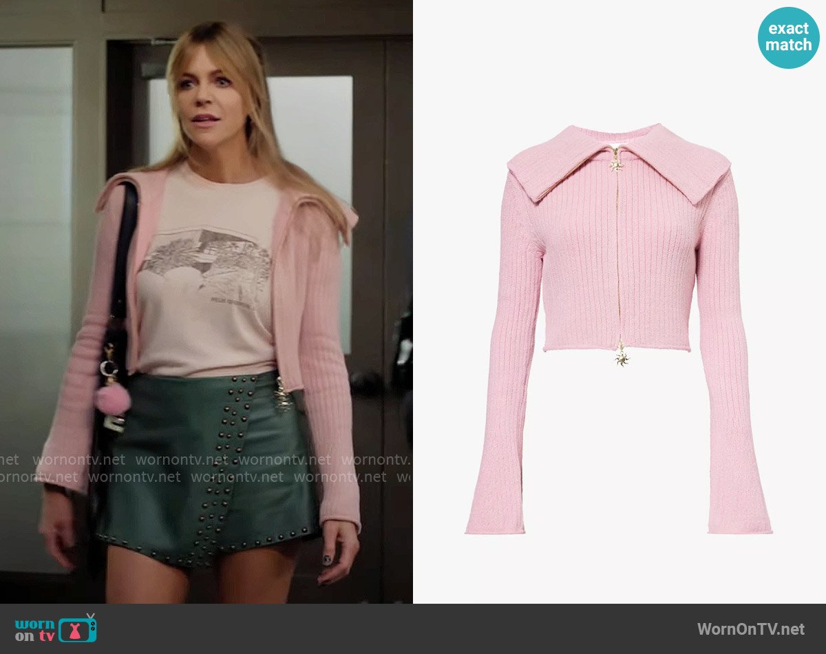 House of Sunny Peggy double-collar metallic-knit cardigan worn by Morgan Gillory (Kaitlin Olson) on High Potential