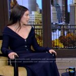 Jackie Tohn’s navy off-shoulder button front dress on Live with Kelly and Mark