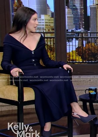 Jackie Tohn’s navy off-shoulder button front dress on Live with Kelly and Mark