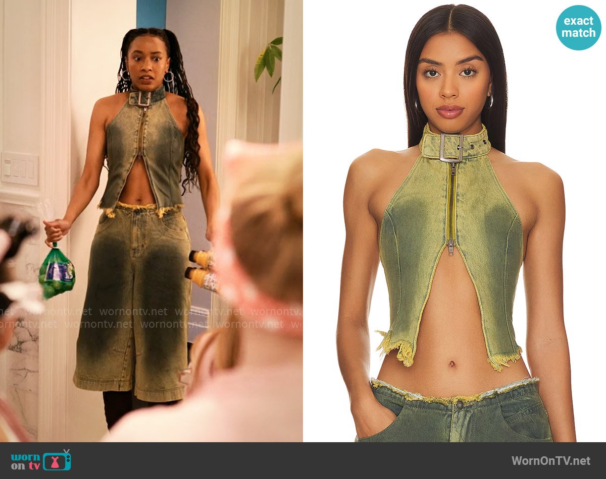 Jaded London Green Denim Buckle Neck Top worn by Whitney Chase (Alyah Chanelle Scott) on The Sex Lives of College Girls