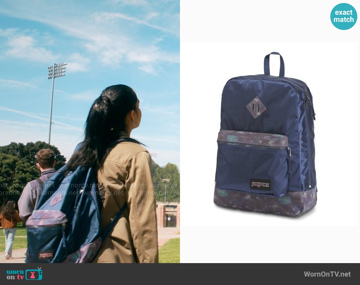 Jansport Classic Backpack in Navy Space Reflective worn by Bela Malhotra (Amrit Kaur) on The Sex Lives of College Girls