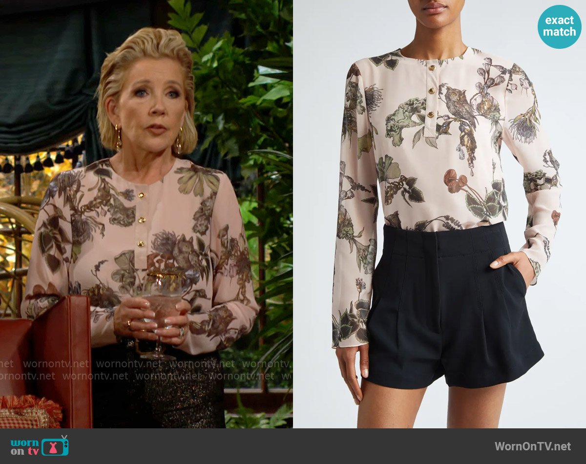 Jason Wu Collection Floral Satin Henley worn by Nikki Reed Newman (Melody Thomas-Scott) on The Young and the Restless