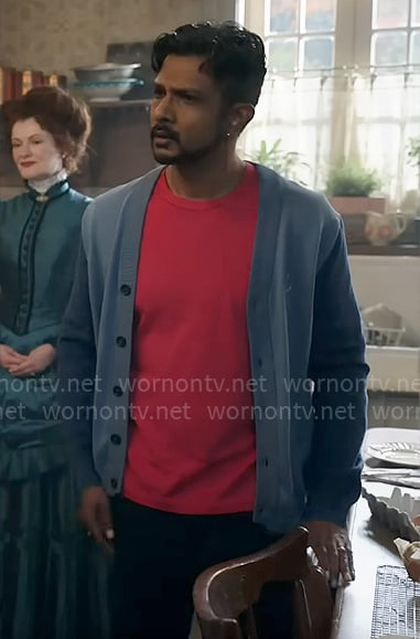 Jay's blue colorblock cardigan on Ghosts