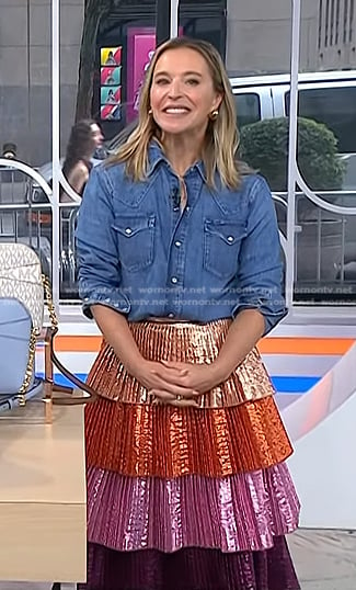 Jenn Falik’s western denim shirt and metallic tiered skirt on Today