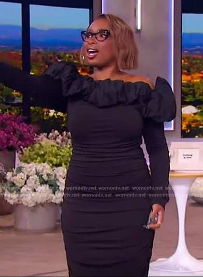 Jennifer's black off shoulder ruffle maxi dress on The Jennifer Hudson Show