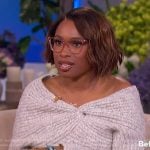 Jennifer’s gray off shoulder sweater and skirt on The Jennifer Hudson Show