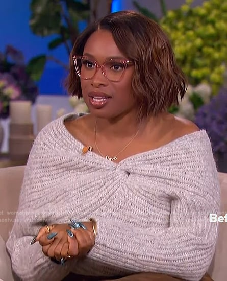 Jennifer’s gray off shoulder sweater and skirt on The Jennifer Hudson Show