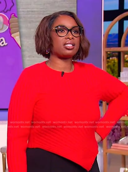 Jennifer's red asymmetric sweater on The Jennifer Hudson Show