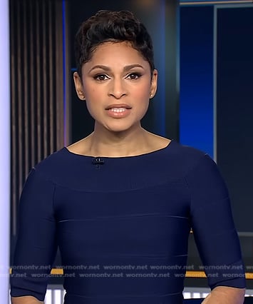 Jericka's navy elbow sleeve dress on CBS Evening News