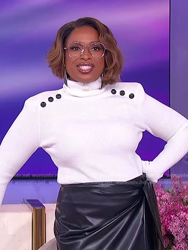 Jennifer’s white button shoulder sweater on The Jennifer Hudson Show