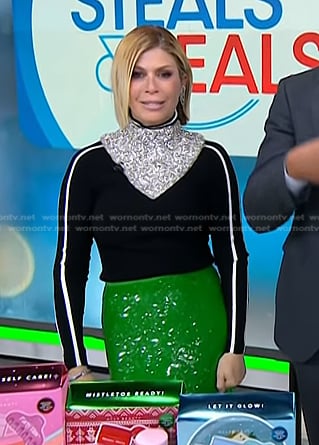 Jill’s black contrast piping sweater and sequin skirt on Today