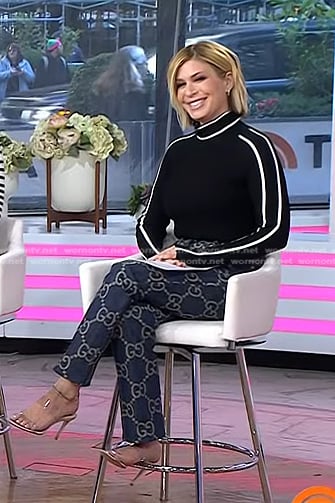 Jill's black contrast piping sweater and logo print jeans on Today