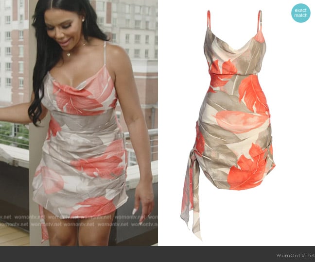 JLUX Label Ivory Palm Print Marise Drape Mini Dress worn by Mia Thornton on The Real Housewives of Potomac