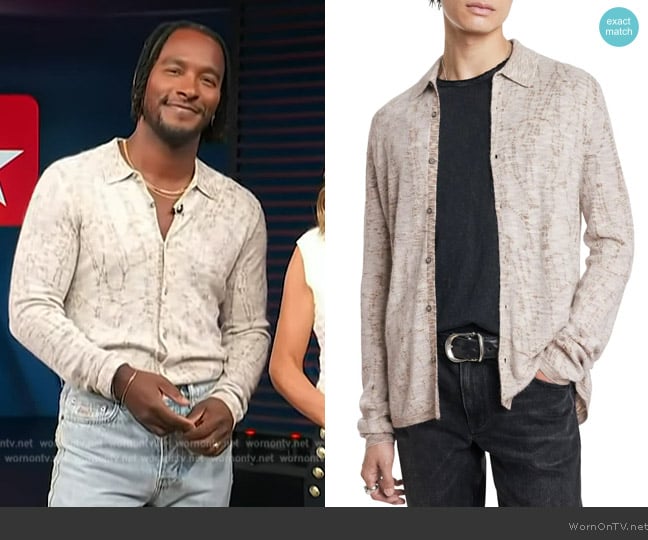 John Varvatos Carvaggio Slub Collared Cardigan worn by Scott Evans on Access Hollywood