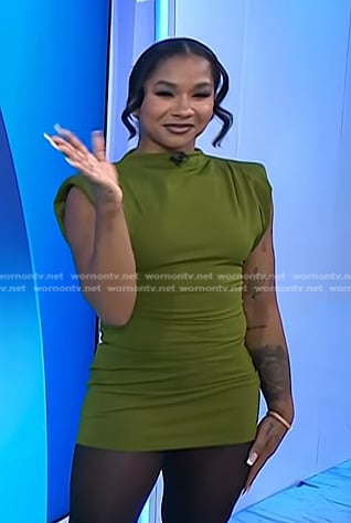 Jordan Chiles’ green padded shoulder mini dress on Today