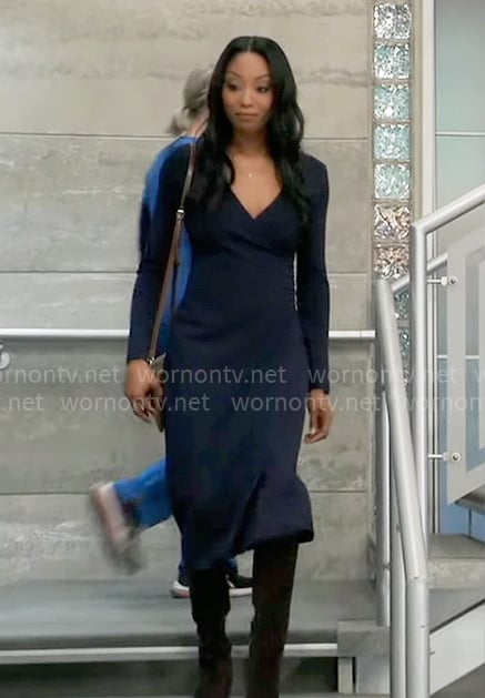 Jordan's navy blue wrap dress on General Hospital