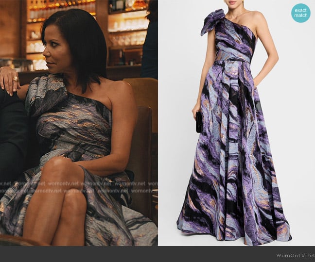 Jovani One-Shoulder Metallic Jacquard Gown worn by Claudia Payne (Gloria Reuben) on Elsbeth