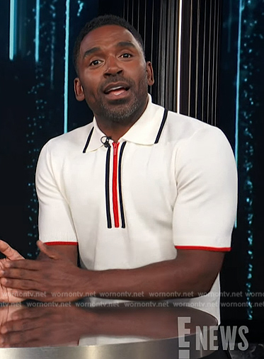 Justin’s white contrast stripe polo on E! News