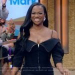 Kandi Burruss’s black zip front cold shoulder dress on Live with Kelly and Mark