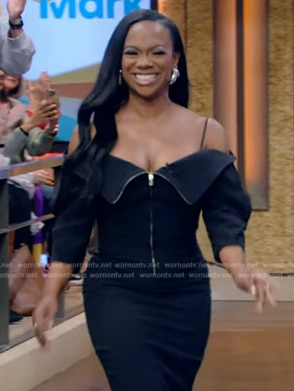 Kandi Burruss’s black zip front cold shoulder dress on Live with Kelly and Mark