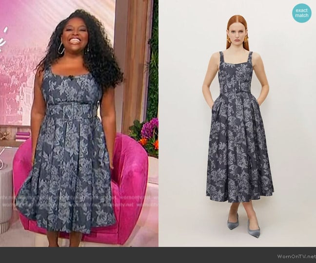 Karen Millen Denim Jacquard Full Skirt Belted Midi Dress worn by Sherri Shepherd on Sherri