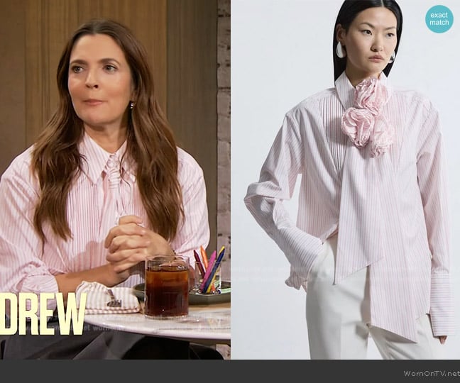 Karen Millen Striped Cotton Woven Shirt With Rosette worn by Drew Barrymore on The Drew Barrymore Show