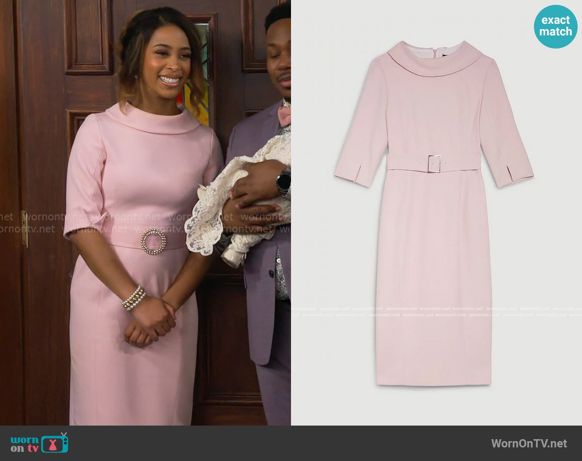 Karen Millen Structured Crepe Turtleneck Pencil Midi Dress in Blush worn by Courtney (Skye Townsend) on The Neighborhood