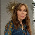 Kate’s blue printed blouse and denim vest on Days of our Lives