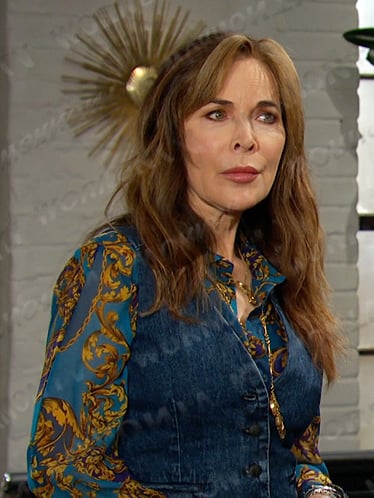 Kate’s blue printed blouse and denim vest on Days of our Lives