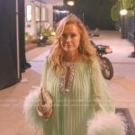 Kathy’s green pleated feather cuff dress on The Real Housewives of Beverly Hills