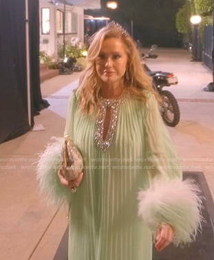 Kathy's green pleated feather cuff dress on The Real Housewives of Beverly Hills