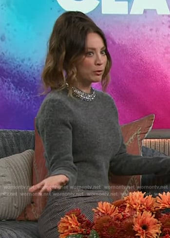 Kaley Cuoco’s gray embellished neckline sweater on on The Kelly Clarkson Show