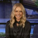 Kelly’s black satin blouse and skirt on Live with Kelly and Mark