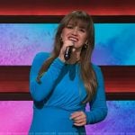 Kelly’s blue gathered waist dress on The Kelly Clarkson Show