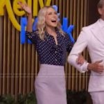 Kelly’s blue polka dot print blouse and skirt on Live with Kelly and Mark