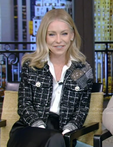 Kelly’s black tweed jacket on Live with Kelly and Mark