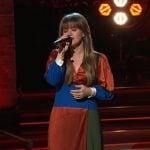 Kelly’s colorblock satin wrap dress on The Kelly Clarkson Show