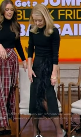 Kelly's black feather trim skirt on Live with Kelly and Mark