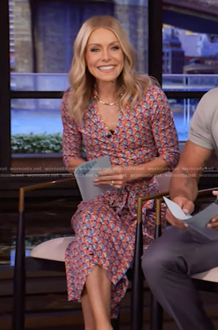 Kelly's geometric print wrap dress on Live with Kelly and Mark