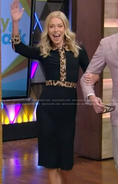 Kelly's black dress with leopard trim on Live with Kelly and Ryan