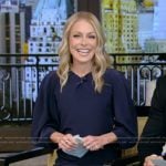 Kelly’s navy belted dress on Live with Kelly and Mark