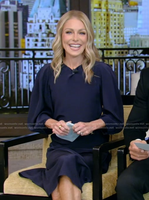 Kelly's navy belted dress on Live with Kelly and Mark