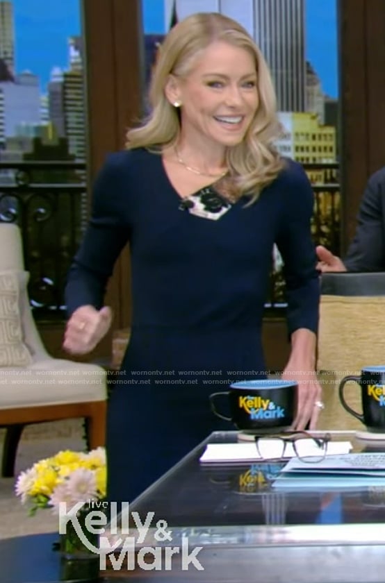 Kelly’s navy dress with lace panels on Live With Kelly