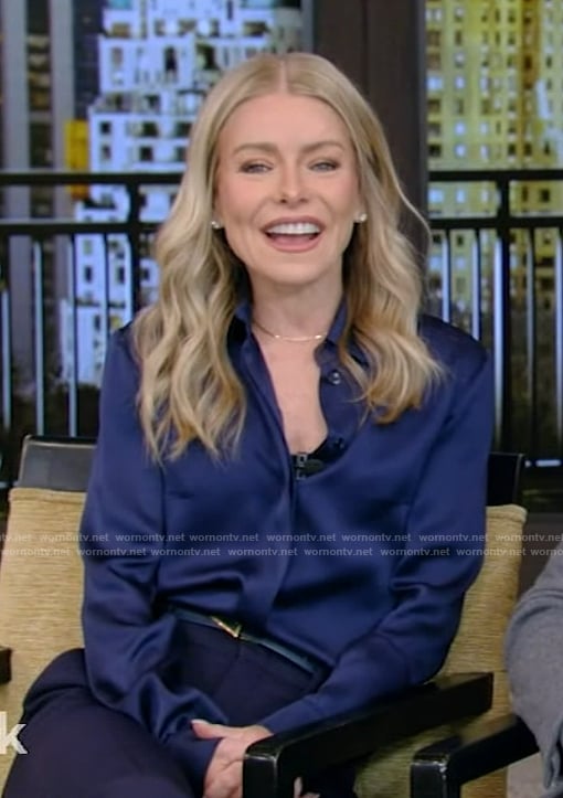 Kelly's navy satin blouse on Live with Kelly and Mark